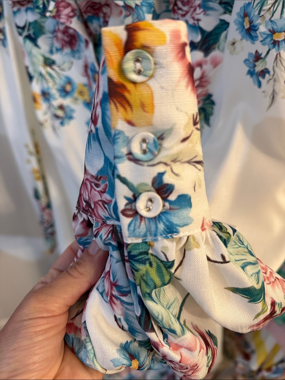 Floral Button-Front Cream Long Sleeve Dress with Pink & Blue Blooms - Picture 6 of 10